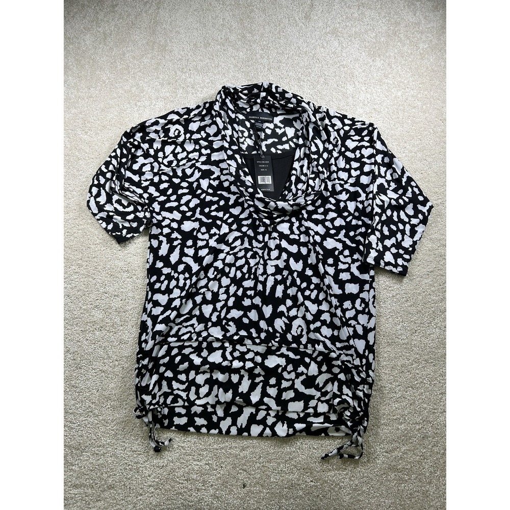 Isabella Rodriguez Shirt Womens 1X Black White Animal Print Cowl Neck Ruched Top